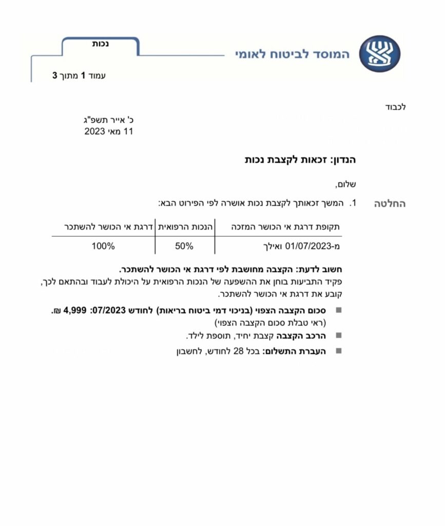 לקוחה שוסבלת ממצב נפשי סכיזופרניה - אושרה לה קצבת נכות כללית בסך 5,000 ש״ח כל חודש לכל החיים