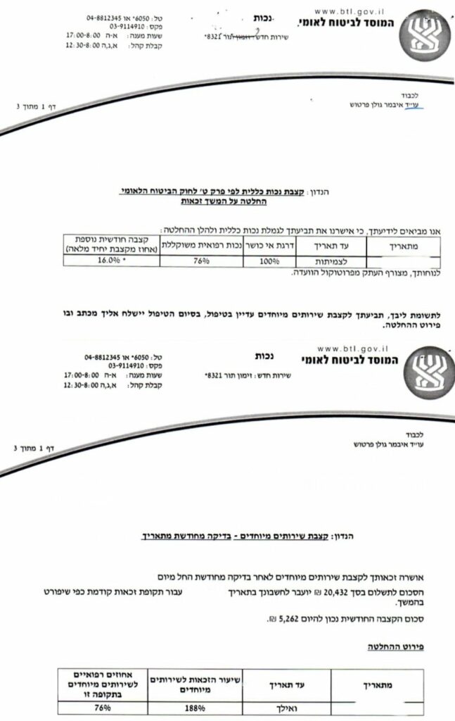 לקוח שבזכות משרדנו קיבל קצבת נכות כללית + קצבת שירותים מיוחדים לצמיתות